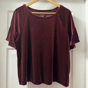 Worthington Petite Medium Velvet Top Short Sleeve Blouse Maroon Berry
